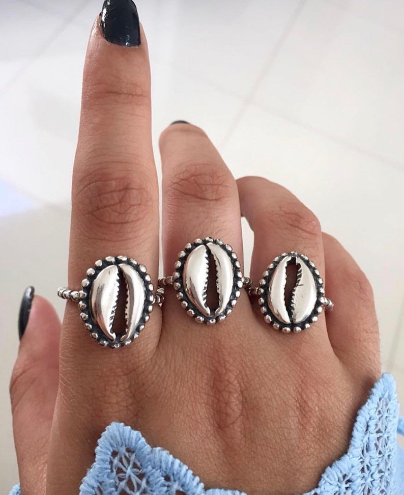 bohemian ring Cowrie Shell Ring Yarah Store boho ring Sterling Silver ring mermaid ring beach style ring gypsy ring handmade ring