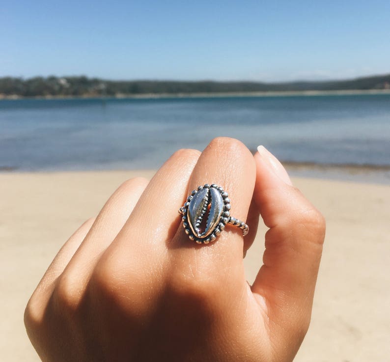 bohemian ring Cowrie Shell Ring Yarah Store boho ring Sterling Silver ring mermaid ring beach style ring gypsy ring handmade ring