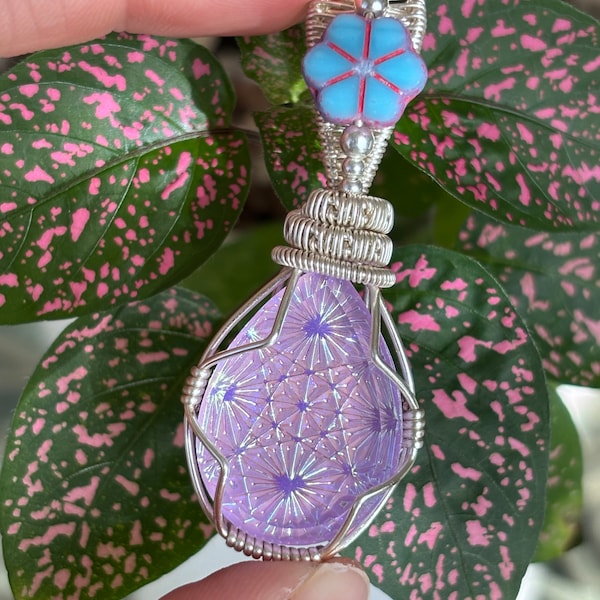 Shimmering Lilac Purple Kaleidoscope Wire Wrap Pendant with Czech Glass Flower Bead