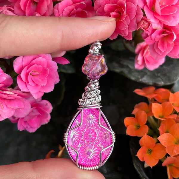 Shimmering Hot Pink Kaleidoscope Wire Wrap Pendant with Czech Glass Flower Bead