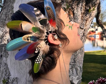 Vibrant Green and Purple Feather Ear Cuff - no piece, pierce free earring One-of-a-kind Feather Ear Cuff With Blue Parrot Feathers and  main image 3
