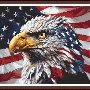 Amerikanischer Adler und Flagge PDF Kreuzstich Stickmuster DMC Key 55 Farben 45 cm x 33 cm auf 14 Karat Stickmuster Ganzes Kreuz Vaterländisch