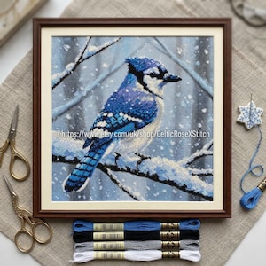 Blue Jay in Winter Cross Stitch Pattern – Bird Embroidery (PDF Pattern)