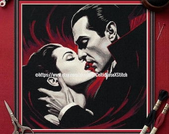Kiss of the Vampire Cross Stitch Pattern – Dracula Dark Fantasy Gothic (PDF Download)