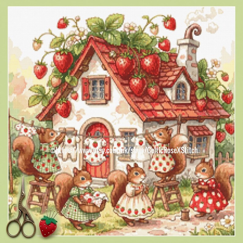 Strawberry Patch Squirrels PDF Download Cross Stitch Pattern Chart Cosy ...