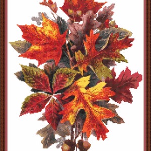 Herfstbladeren - pdf Digitaal kruissteekpatroon DMC-sleutel 67 kleuren herfstseizoen bloemen 11 1/4" x 16 1/2" patroonhouder of print heel kruis