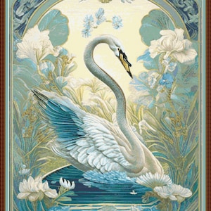 Art Nouveau Swan - PDF Digital Cross Stitch Pattern DMC Key 82 Colours ...