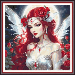Gothic Rose Fairy - PDF digital cross stitch pattern Mythical Fantasy DMC Key 72 colours 18&quot;x18&quot; on 14ct Pattern Keeper or print Whole cross