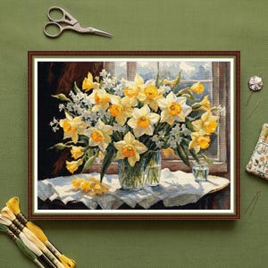 Daffodils In The Window Cross Stitch Pattern: Spring Flowers Cottage Chart (PDF Download)