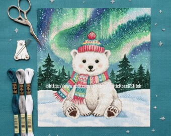 Polar Bear Lights - Cross Stitch Pattern: Christmas Aurora Borealis (PDF Printable)