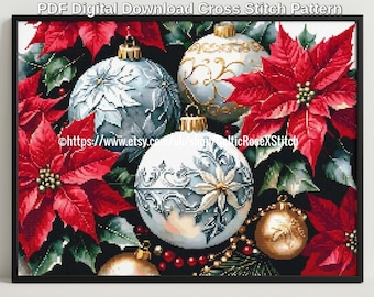 May include: A cross stitch pattern featuring red poinsettia flowers and decorative Christmas ornaments in shades of white, silver, and gold against a black background. The text PDF Digital Download Cross Stitch Pattern is visible at the top.