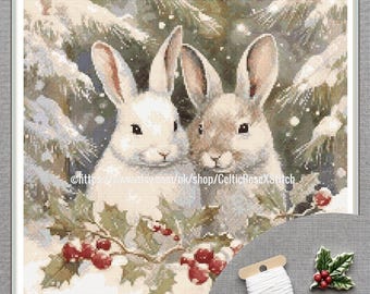 Snow Bunnies - PDF printable cross stitch pattern 54 DMC colors Rabbits Christmas Art