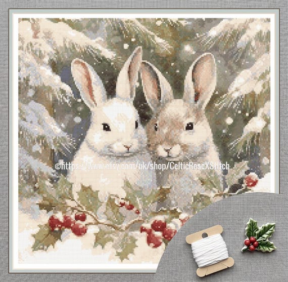 Snow Bunnies - PDF printable cross stitch pattern 54 DMC colors Rabbits Christmas Art