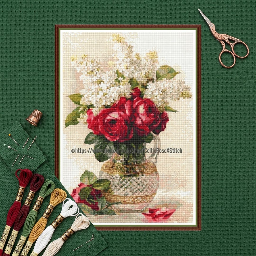 Red Roses and Lilacs in Vase Cross Stitch Pattern (PDF Download) Floral ...