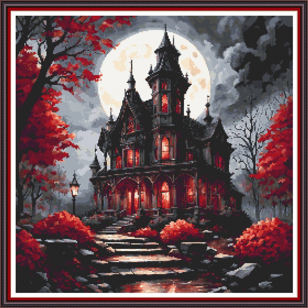 Gothic Mansion - PDF Digital Cross Stitch Pattern Halloween DMC Key 50 ...