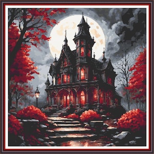 Gothic Mansion - PDF digital cross stitch pattern Halloween DMC key 50 colours 17&quot;x17&quot; on 14ct Pattern Keeper or print at home
