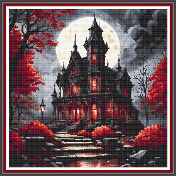 Gothic Mansion - PDF digital cross stitch pattern Halloween DMC key 50 colours 17"x17" on 14ct Pattern Keeper or print at home