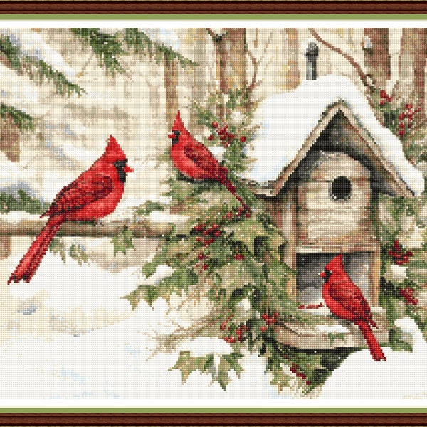 Cardinals In The Snow - PDF digital cross stitch pattern DMC key 62 colours 16"x13 1/4" (14ct) Christmas Pattern Keeper or print Whole cross