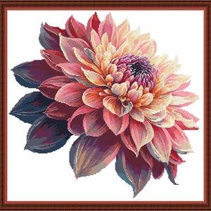 Dahlia - pdf Digitale kruissteek PATROON Bloemen DMC-toets 66 kleuren 17 1/2" x 17" op 14 kt Hele kruispatroon Patroonhouder of thuis afdrukken