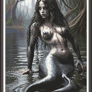 Silver Siren - PDF digital cross stitch pattern DMC Key 40 colours 15 1/2&quot;x20&quot; on 14ct whole cross only Fantasy Mermaid Pattern Keeper/print