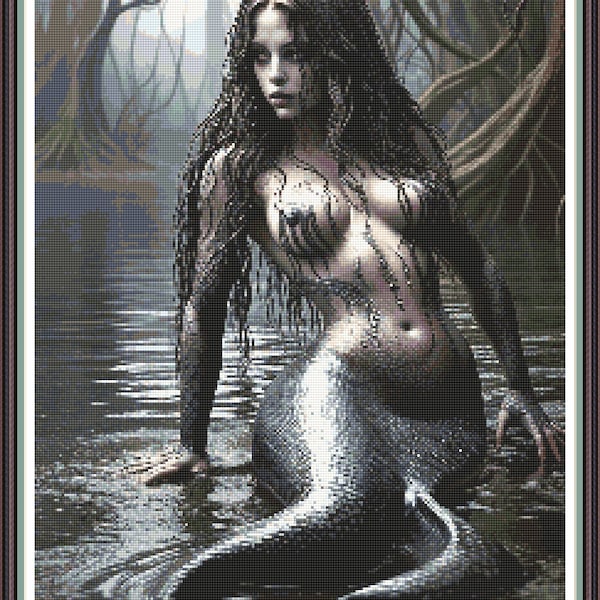 Silver Siren - PDF digital cross stitch pattern DMC Key 40 colours 15 1/2"x20" on 14ct whole cross only Fantasy Mermaid Pattern Keeper/print