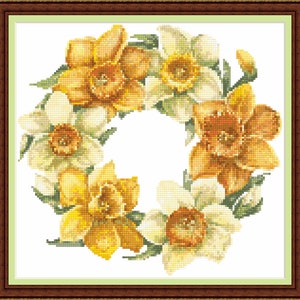 Daffodil Ring - PDF digital cross stitch pattern DMC Key 37 colours 10 1/2&quot;x9 1/2&quot; Whole cross only Pattern Keeper or print at home Flowers
