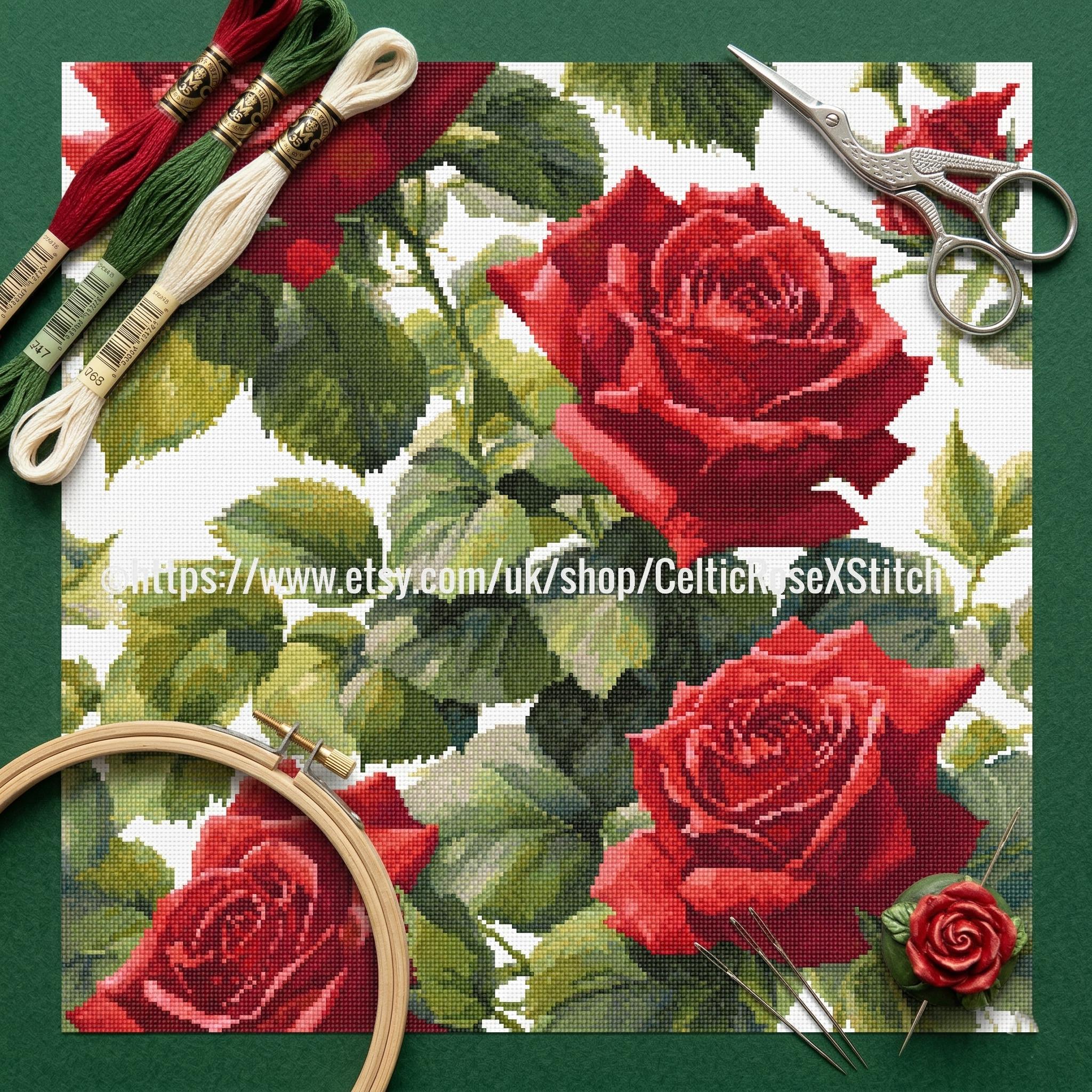 Red Roses Cross Stitch Pattern – Floral Embroidery PDF (48 DMC Colors ...