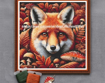 Fox In The Forest - PDF printable animal portrait cross stitch pattern - Autumn Wildlife Toadstools Fungi