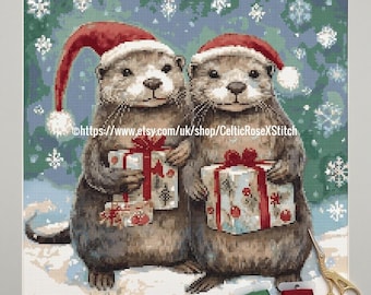 Santa Otters PDF Digital Download Cross Stitch Pattern Christmas Nature Whimsical Wall Art 36cms 14 inches 52 DMC floss cotton colors