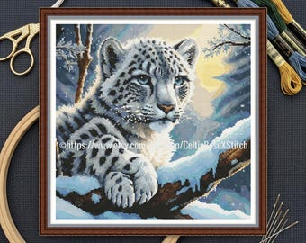 Patrón de punto de cruz para cachorro de leopardo de las nieves – Bordado de grandes felinos de invierno (patrón en PDF)