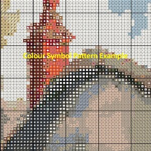May include: A cross-stitch pattern example with a grid of squares, each filled with a symbol and colour. The text "Colour Symbol Pattern Example" is visible. The colour palette includes shades of red, brown, beige, and blue.