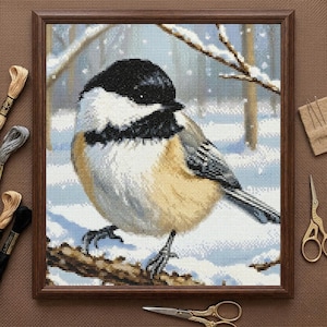 Black Capped Chickadee Bird - PDF digital printable cross stitch embroidery pattern 12" 31cms 49 DMC floss colors Winter Nature Gift