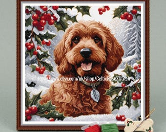 Christmas Cockapoo and Holly Dog Cross Stitch Pattern, Winter Holiday Puppy PDF Chart