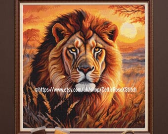 Lion Sunset PDF download digital cross stitch embroidery pattern Big Cat African Savannah Landscape 36cms 14 inches 45 DMC floss colours