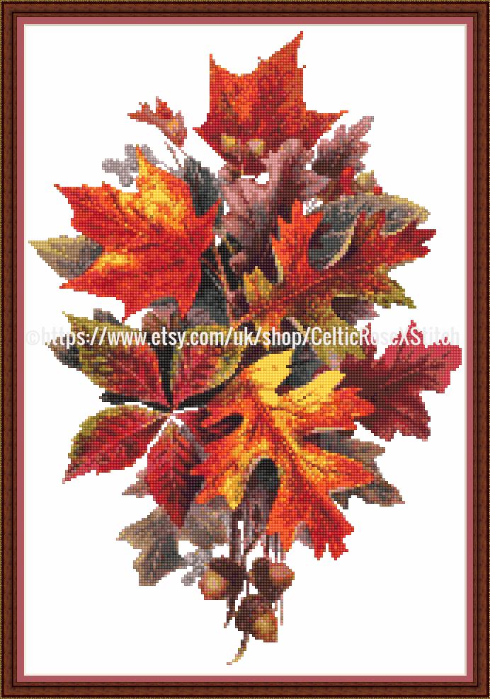 Patron De Point De Croix Automne – Lot Avec Lin, Soie Dentaire, Motifs Feuilles – Occasion