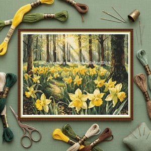 Daffodil Woods - Cross Stitch Pattern, Spring Flowers Forest Landscape, PDF Chart