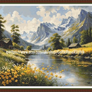 Mountain Meadow 1 - PDF digital cross stitch chart 65 DMC floss colours 49x37cms on 14ct Pattern Keeper Home Print Landscape River Vacation