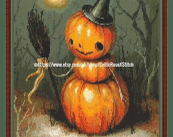May include: A cross stitch pattern featuring a pumpkin figure wearing a black pointed hat and holding a broomstick. The scene includes a full moon in a dark, wooded background. The text PDF Digital Download Cross Stitch Pattern is visible.