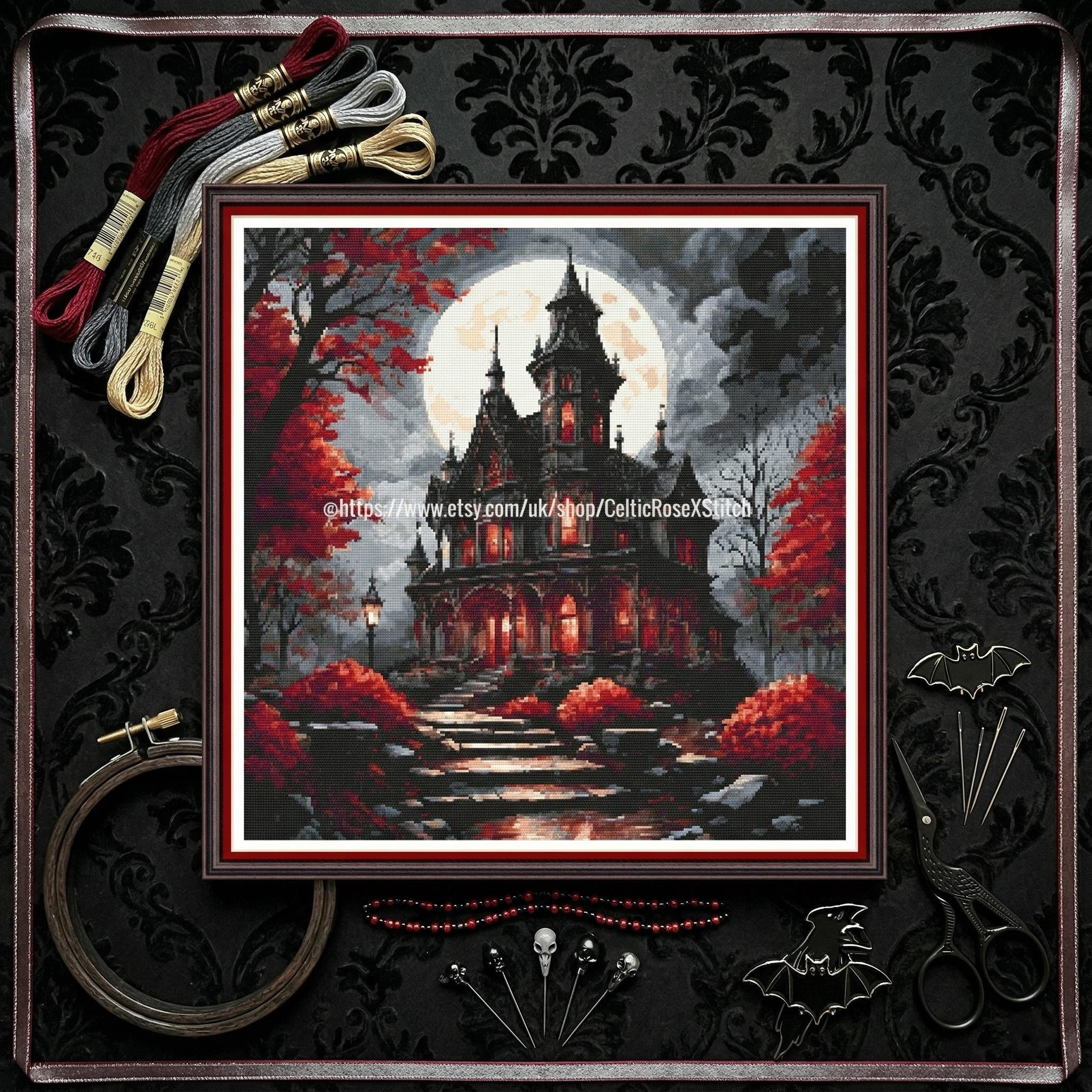 Gothic Mansion Haunted House Cross Stitch Pattern, Spooky Halloween ...