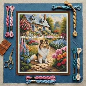 Collie In A Cottage Garden PDF Digital printable Pattern for cross stitch embroidery 64 DMC floss colors 34x44cms Lassie Dog Puppy Flowers