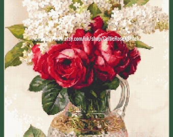 Red Roses Lilacs PDF Digital Cross Stitch Embroidery Pattern Victorian Glass Vase Blooms Floral Still Life  37x53cms 75 DMC floss colours