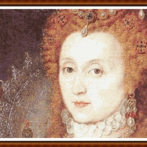 Queen Elizabeth The First - PDF digital cross stitch pattern Tudor Royalty 23&quot;x15&quot; on 14ct DMC symbol key 75 colours req. Pattern Keeper