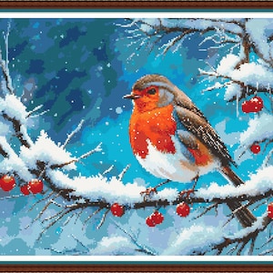 Blue Sky Robin - Grille numérique PDF au point de croix DMC Key 39 couleurs 18 x 13 1/2 po sur aida 14 carats Patron ou impression à la maison Noël