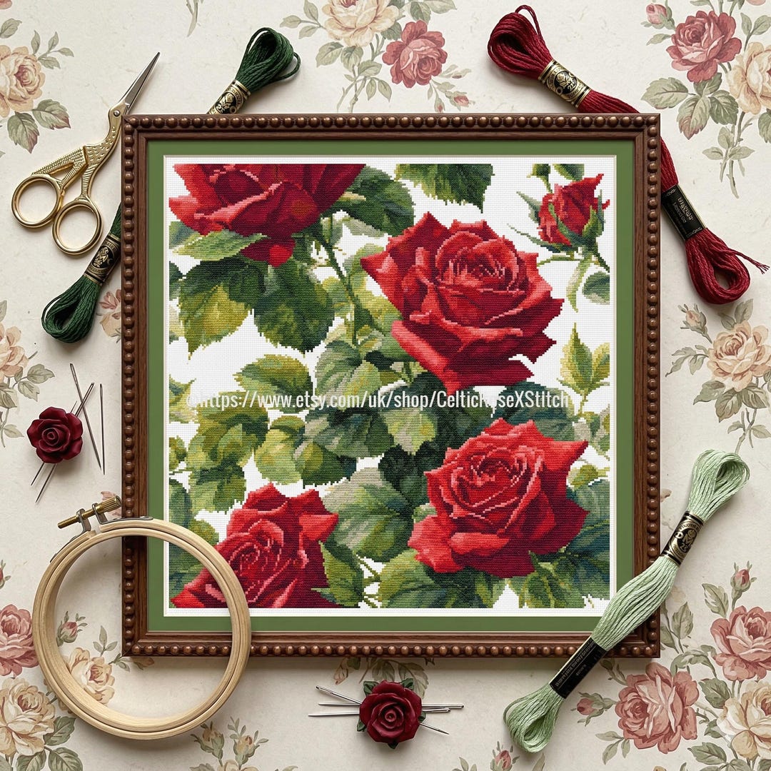 Red Roses Cross Stitch Pattern – Floral Embroidery PDF (48 DMC Colors ...