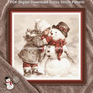 Snögubbe Kyss PDF-nedladdning korsstygnsmönster Whimsical Friend Girl Christmas 26 cm 10 tum 31 DMC garnfärger Pattern Keeper