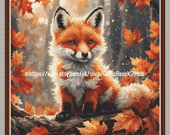 May include: A digital cross stitch pattern featuring a fox sitting on a branch surrounded by orange autumn leaves. The text reads PDF Digital Download Cross Stitch Pattern and https://www.etsy.com/uk/shop/CelticRoseXStitch.
