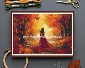 Eternal Autumn - PDF digital printable cross stitch embroidery pattern - Lady Forest Fall Landscape Scene