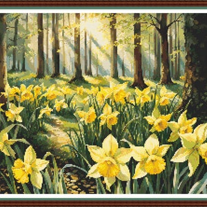 Daffodil Woods - PDF digital cross stitch pattern DMC Key 61 colours 18 1/2&quot;x14&quot;on 14ct aida Pattern keeper or print at home Flowers