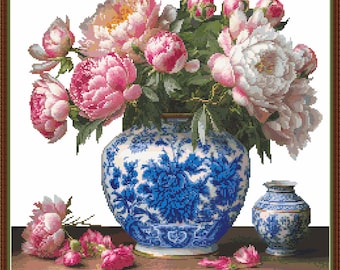 Blue Willow Pink Peonies - PDF digital cross stitch pattern Willow Pattern DMC Key 17 1/2"x16 1/2" on 14ct Pattern Keeper OR print at home