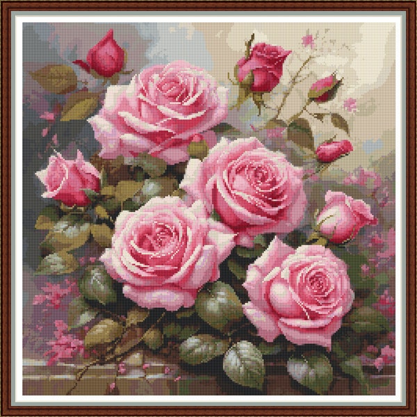 Classical Pink Roses - PDF digital cross stitch pattern DMC Key 70 colours 17"x17" on 14ct aida Pattern Keeper or print Whole cross only